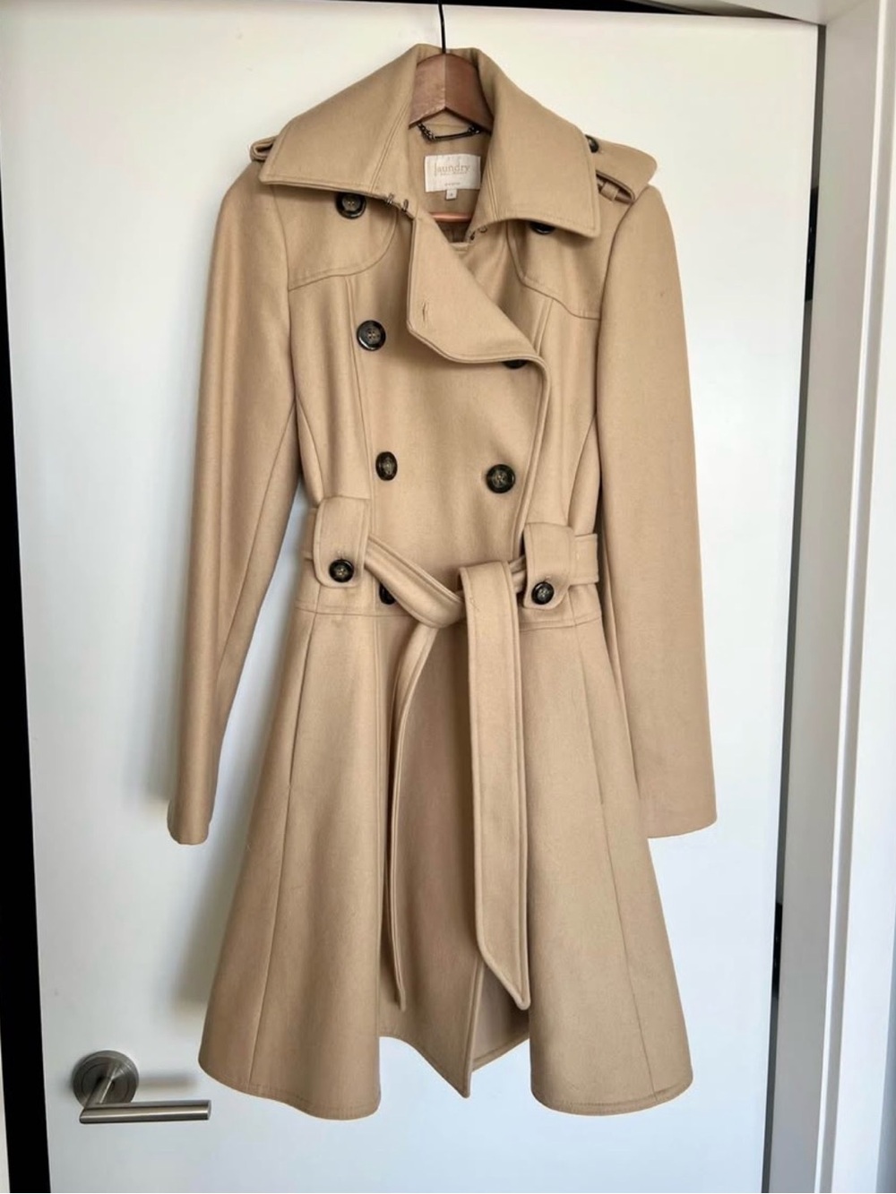 Laundry By Shelli Segal Beige Wool Double-Breasted Trench Coat